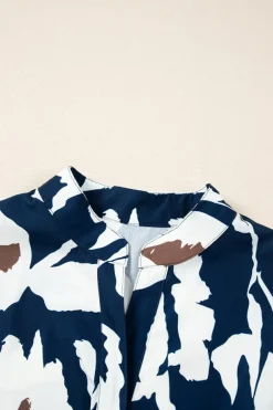 New Dear-Lover Abstract Floral Print Puff Sleeve Half Button Blouse Sail Blue