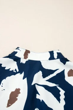 New Dear-Lover Abstract Floral Print Puff Sleeve Half Button Blouse Sail Blue