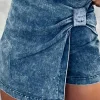Hot Dear-Lover Acid Wash Asymmetric Twisted Wrapped Zipped Denim Skort Sail Blue