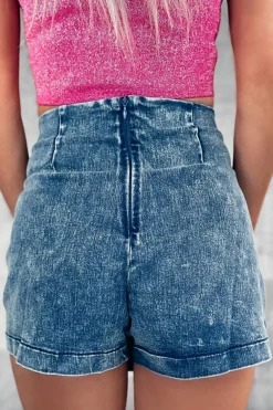 Hot Dear-Lover Acid Wash Asymmetric Twisted Wrapped Zipped Denim Skort Sail Blue