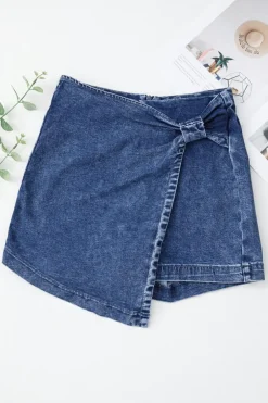 Hot Dear-Lover Acid Wash Asymmetric Twisted Wrapped Zipped Denim Skort Sail Blue