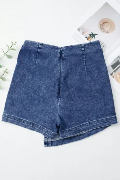 Hot Dear-Lover Acid Wash Asymmetric Twisted Wrapped Zipped Denim Skort Sail Blue