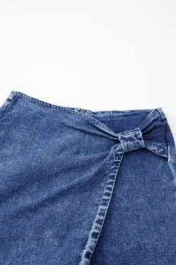 Hot Dear-Lover Acid Wash Asymmetric Twisted Wrapped Zipped Denim Skort Sail Blue