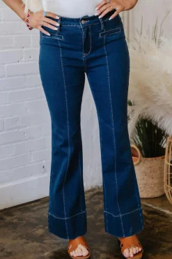 Fashion Dear-Lover Center Seam Deep Wash Straight Jeans Sail Blue