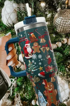 Hot Dear-Lover Christmas Print Handled Stainless Steel Tumblers 40oz Sail Blue