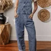 New Dear-Lover Denim Bib Straight Leg Jumpsuit with Pockets Sail Blue