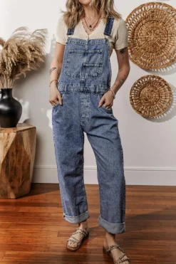 New Dear-Lover Denim Bib Straight Leg Jumpsuit with Pockets Sail Blue