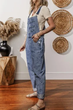 New Dear-Lover Denim Bib Straight Leg Jumpsuit with Pockets Sail Blue