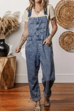 New Dear-Lover Denim Bib Straight Leg Jumpsuit with Pockets Sail Blue