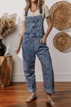 New Dear-Lover Denim Bib Straight Leg Jumpsuit with Pockets Sail Blue