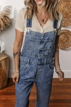 New Dear-Lover Denim Bib Straight Leg Jumpsuit with Pockets Sail Blue
