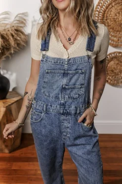 New Dear-Lover Denim Bib Straight Leg Jumpsuit with Pockets Sail Blue