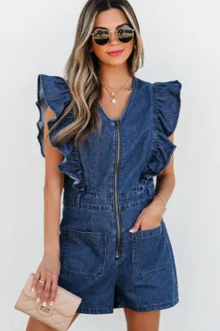 Best Dear-Lover Denim Ruffled Zipped Front Belted Romper Sail Blue