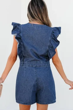 Best Dear-Lover Denim Ruffled Zipped Front Belted Romper Sail Blue