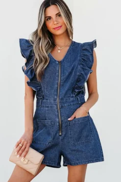 Best Dear-Lover Denim Ruffled Zipped Front Belted Romper Sail Blue