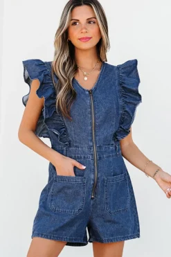 Best Dear-Lover Denim Ruffled Zipped Front Belted Romper Sail Blue