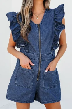 Best Dear-Lover Denim Ruffled Zipped Front Belted Romper Sail Blue