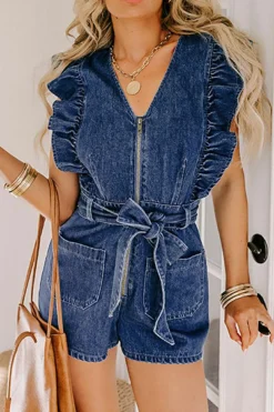 Best Dear-Lover Denim Ruffled Zipped Front Belted Romper Sail Blue