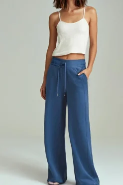 Hot Dear-Lover Drawstring High Waist Wide Leg Pocketed Sweatpants Sail Blue