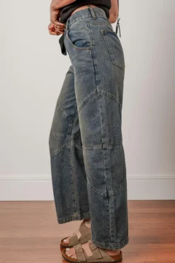Sale Dear-Lover Exposed Stitching Loose Straight High Waist Jeans Sail Blue