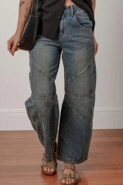 Sale Dear-Lover Exposed Stitching Loose Straight High Waist Jeans Sail Blue