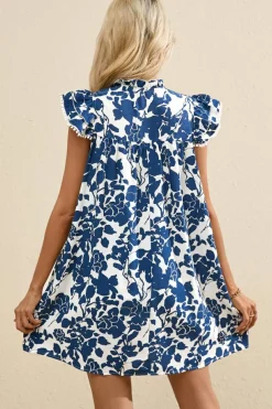 Hot Dear-Lover Floral Ruffled Cap Sleeve Tied Neck Mini Dress Sail Blue