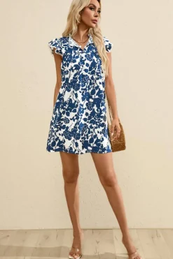 Hot Dear-Lover Floral Ruffled Cap Sleeve Tied Neck Mini Dress Sail Blue