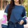 Sale Dear-Lover Flower Patchwork Raglan Sleeve Exposed Seam Oversized Top Sail Blue