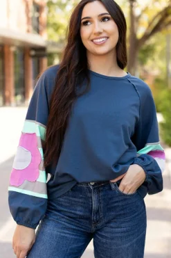 Sale Dear-Lover Flower Patchwork Raglan Sleeve Exposed Seam Oversized Top Sail Blue