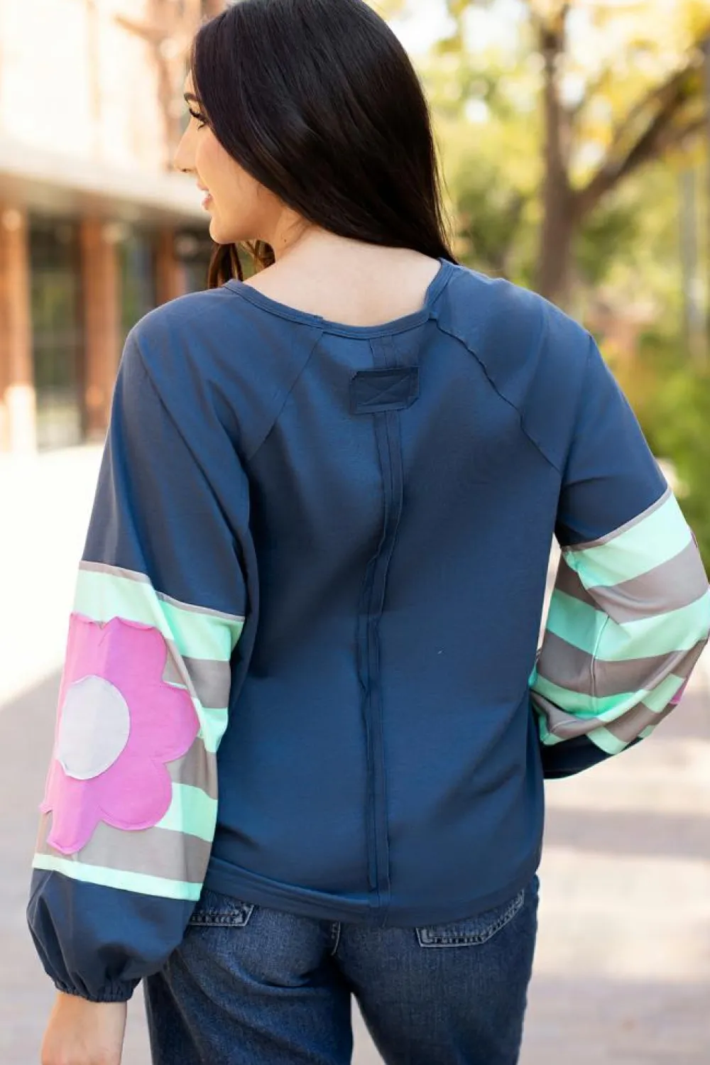 Sale Dear-Lover Flower Patchwork Raglan Sleeve Exposed Seam Oversized Top Sail Blue