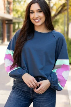 Sale Dear-Lover Flower Patchwork Raglan Sleeve Exposed Seam Oversized Top Sail Blue
