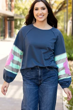 Sale Dear-Lover Flower Patchwork Raglan Sleeve Exposed Seam Oversized Top Sail Blue