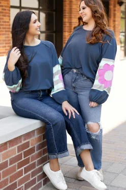 Sale Dear-Lover Flower Patchwork Raglan Sleeve Exposed Seam Oversized Top Sail Blue
