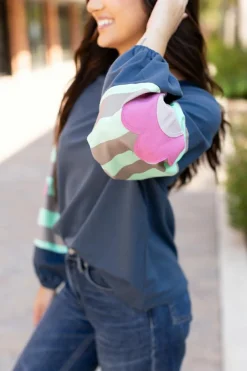 Sale Dear-Lover Flower Patchwork Raglan Sleeve Exposed Seam Oversized Top Sail Blue