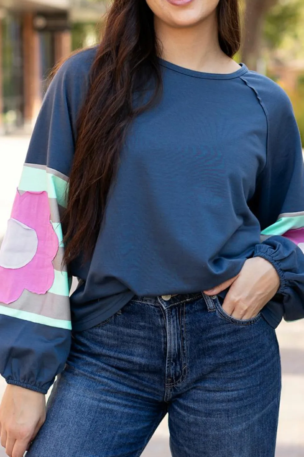 Sale Dear-Lover Flower Patchwork Raglan Sleeve Exposed Seam Oversized Top Sail Blue