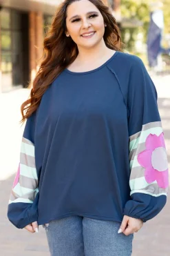 Sale Dear-Lover Flower Patchwork Raglan Sleeve Exposed Seam Oversized Top Sail Blue