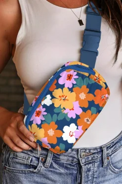 New Dear-Lover Flower Print Zipper Buckle Wide Strap Sling Bag Sail Blue