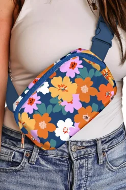 New Dear-Lover Flower Print Zipper Buckle Wide Strap Sling Bag Sail Blue