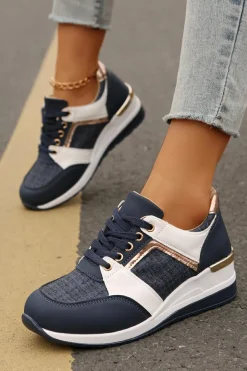 Fashion Dear-Lover Glitter Patched Lace-up Wedge Sneakers Sail Blue