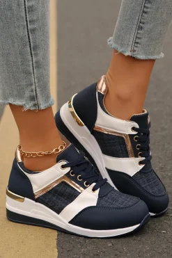 Fashion Dear-Lover Glitter Patched Lace-up Wedge Sneakers Sail Blue