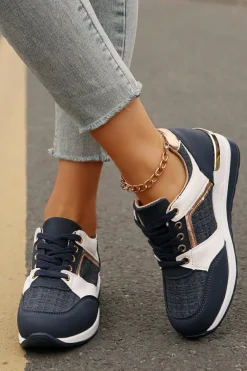 Fashion Dear-Lover Glitter Patched Lace-up Wedge Sneakers Sail Blue
