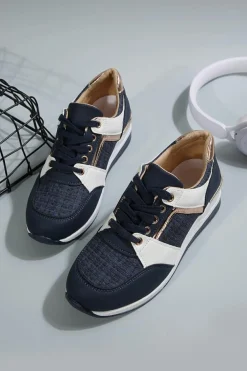 Fashion Dear-Lover Glitter Patched Lace-up Wedge Sneakers Sail Blue