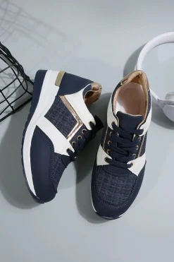 Fashion Dear-Lover Glitter Patched Lace-up Wedge Sneakers Sail Blue
