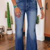Clearance Dear-Lover High Rise Dual Button Distressed Raw Hem Flared Jeans Sail Blue