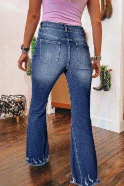 Clearance Dear-Lover High Rise Dual Button Distressed Raw Hem Flared Jeans Sail Blue