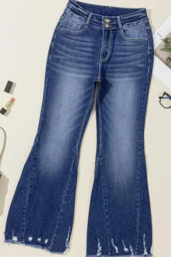 Clearance Dear-Lover High Rise Dual Button Distressed Raw Hem Flared Jeans Sail Blue