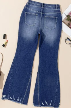 Clearance Dear-Lover High Rise Dual Button Distressed Raw Hem Flared Jeans Sail Blue