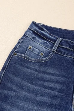 Clearance Dear-Lover High Rise Dual Button Distressed Raw Hem Flared Jeans Sail Blue