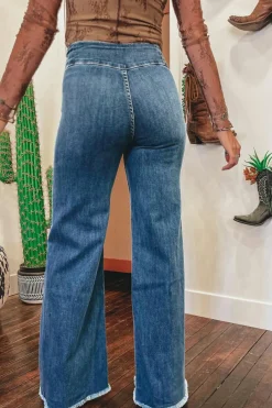 Sale Dear-Lover High Waist Button Fly Seamed Raw Hem Flare Jeans Sail Blue
