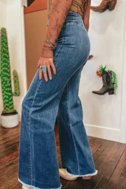 Sale Dear-Lover High Waist Button Fly Seamed Raw Hem Flare Jeans Sail Blue